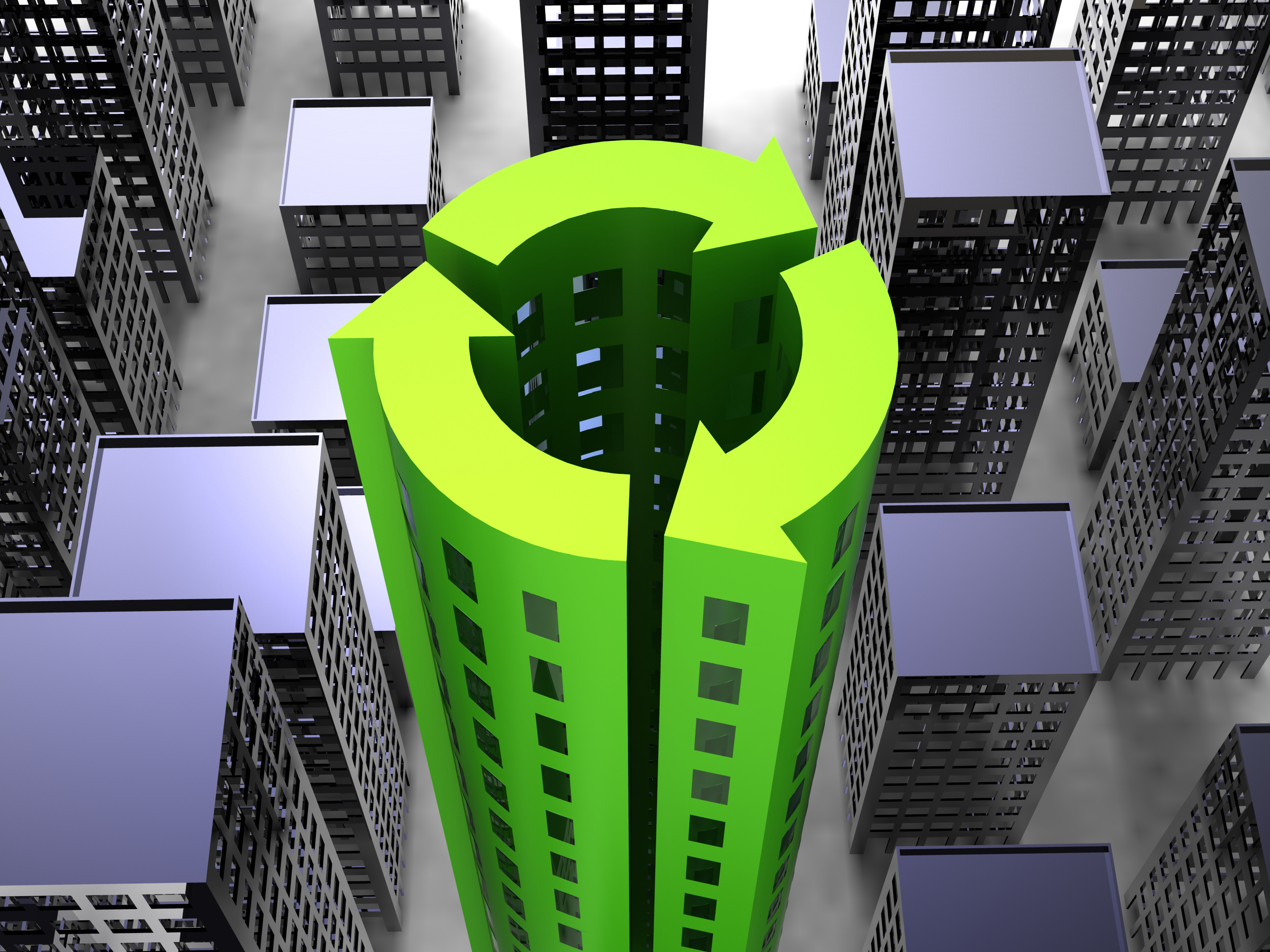 A green recycling symbol surrounded by tall buildings
