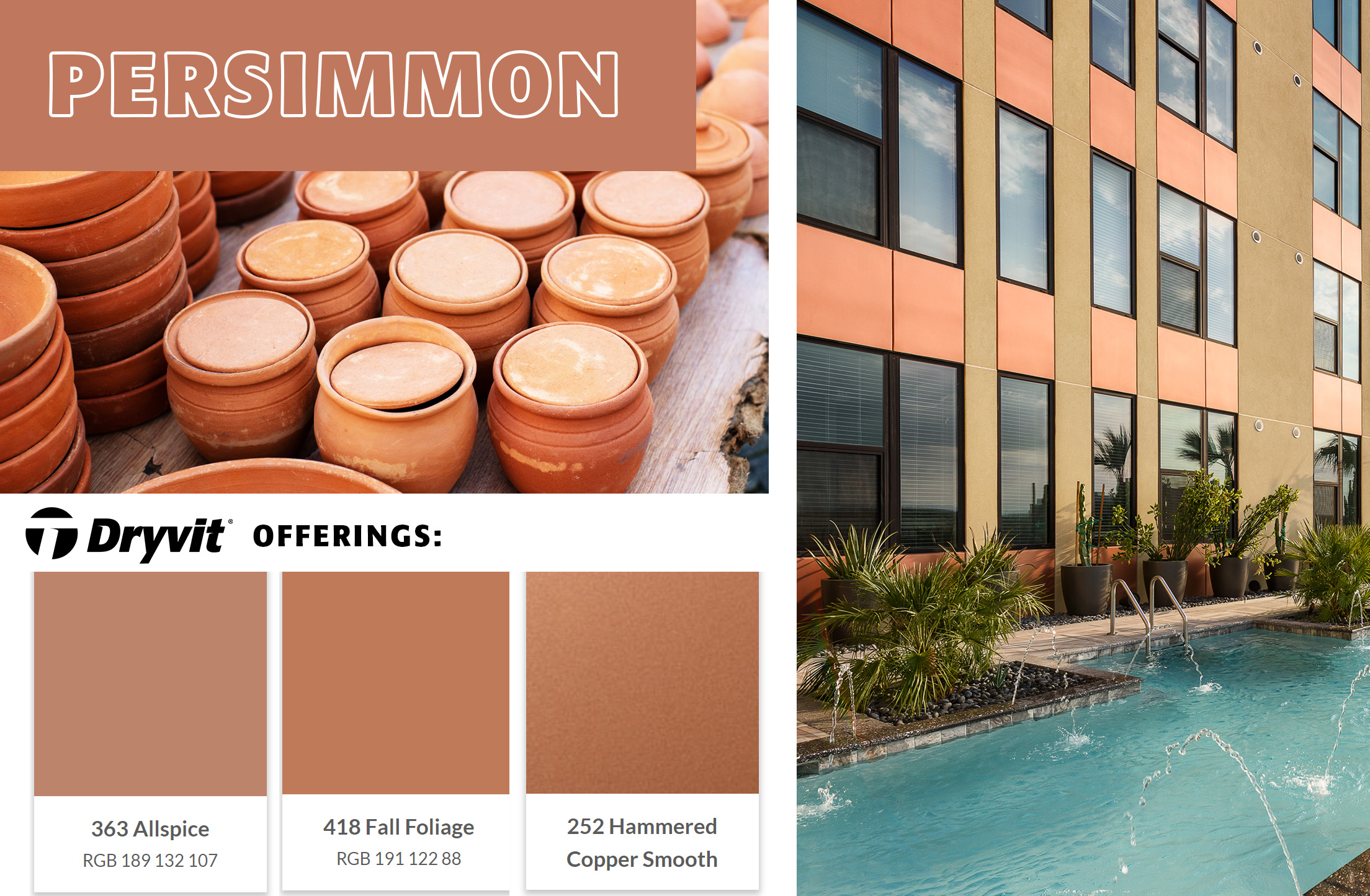A collage of images showing a color reminisent of allspice and fired clay. Pictures include some clay pots and a commercial building with reflective metallic exterior finish in this orange color.