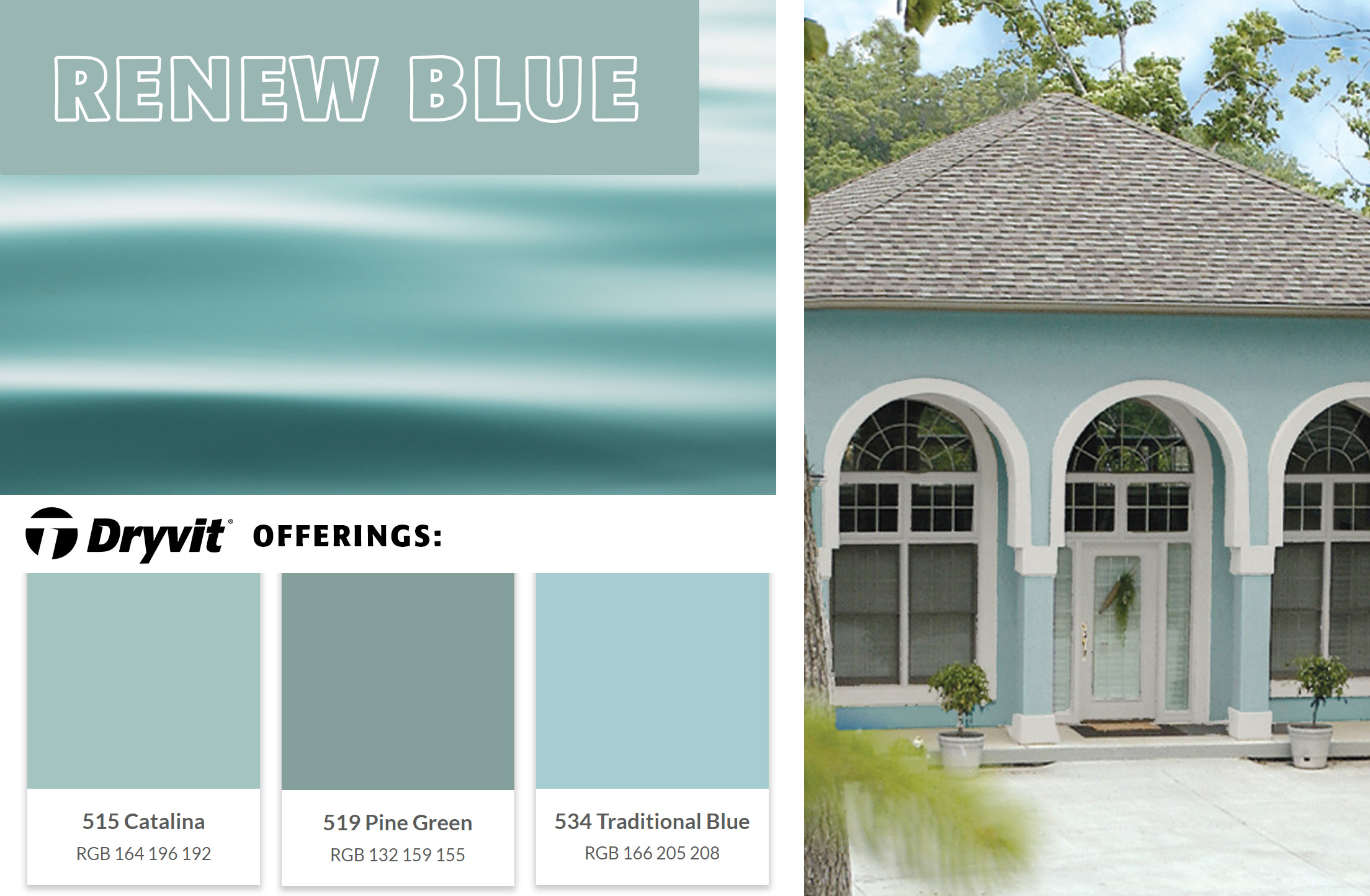 a collage of images showing a tranquil, airy light blue color. Images include an ocean and an EIFS Building façade in this blue color. 