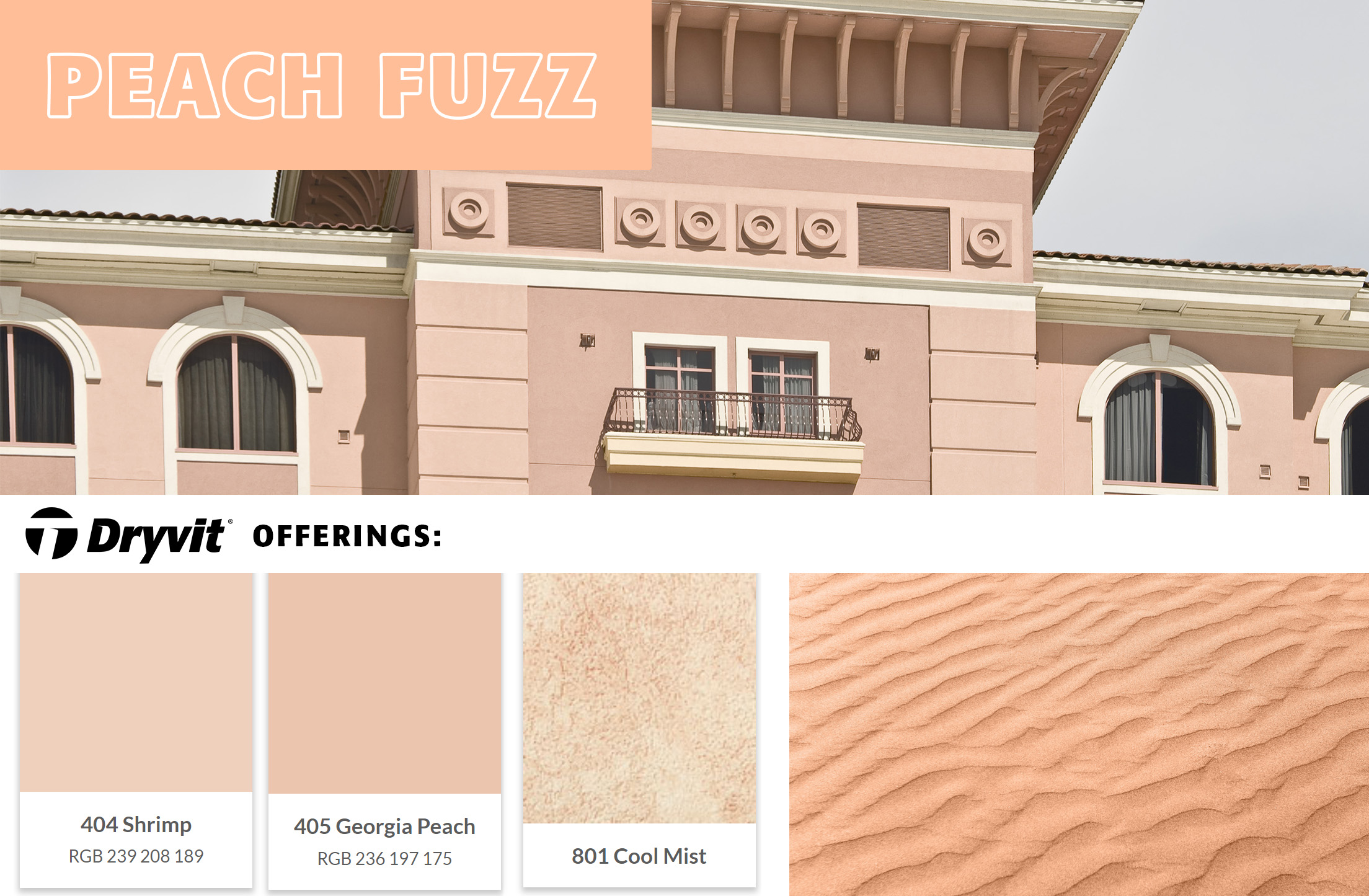 a collage of images showing a soft pink hue. Images include desert sand and hotel/resort building clad in a light pink exterior wall finish.
