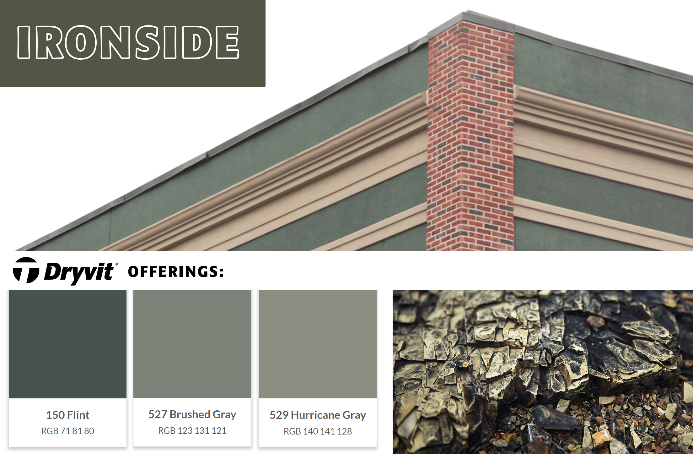 a collage of images showing a deep gray green. Images include iron ore and the top part of a strip mall commercial building façade in a deep gray green