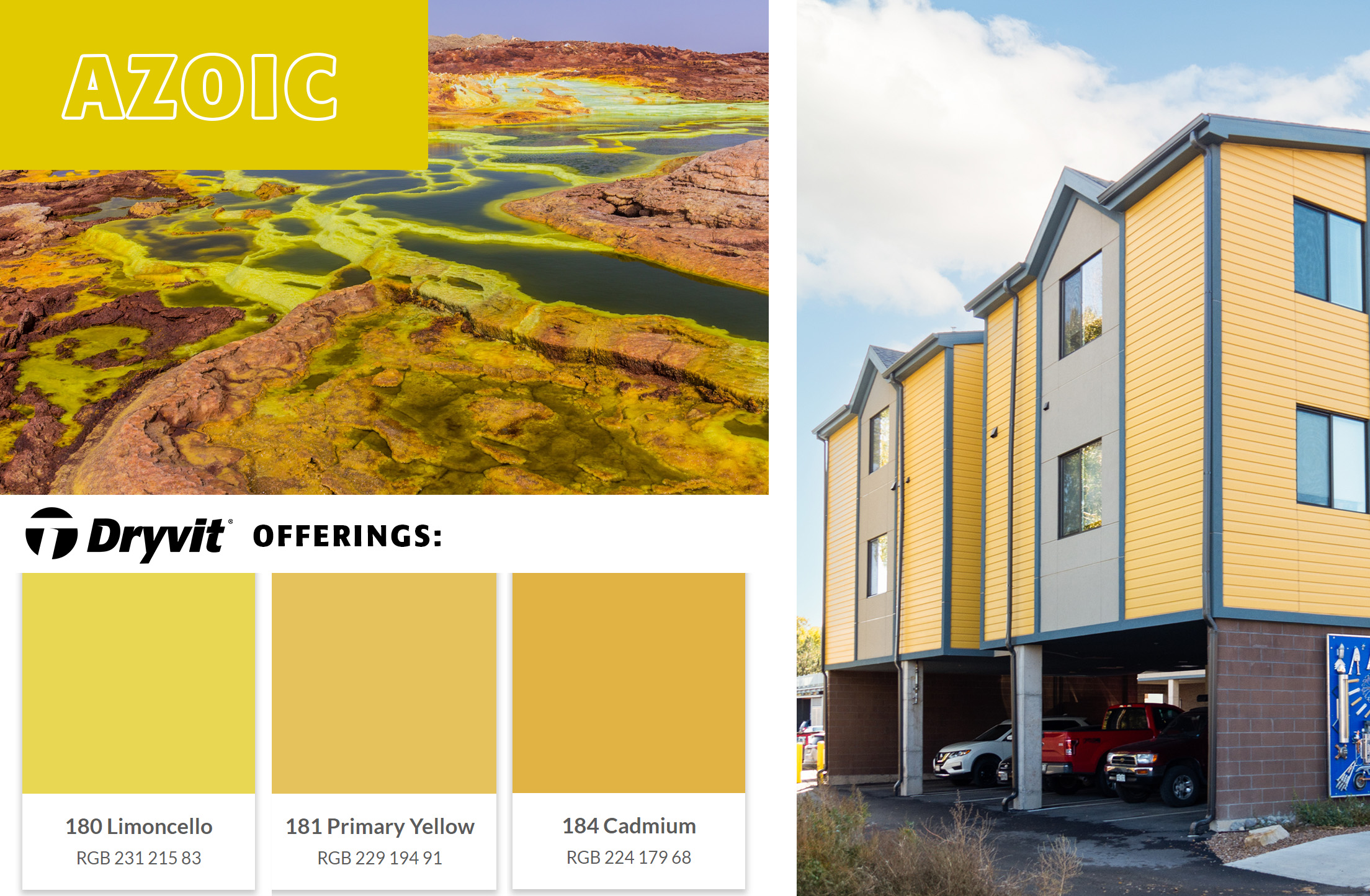 a collage of images showing an energetic yellow color. Photos include a river delta and a modern affordable housing building with Dryvit exterior paneling in an inviting yellow 