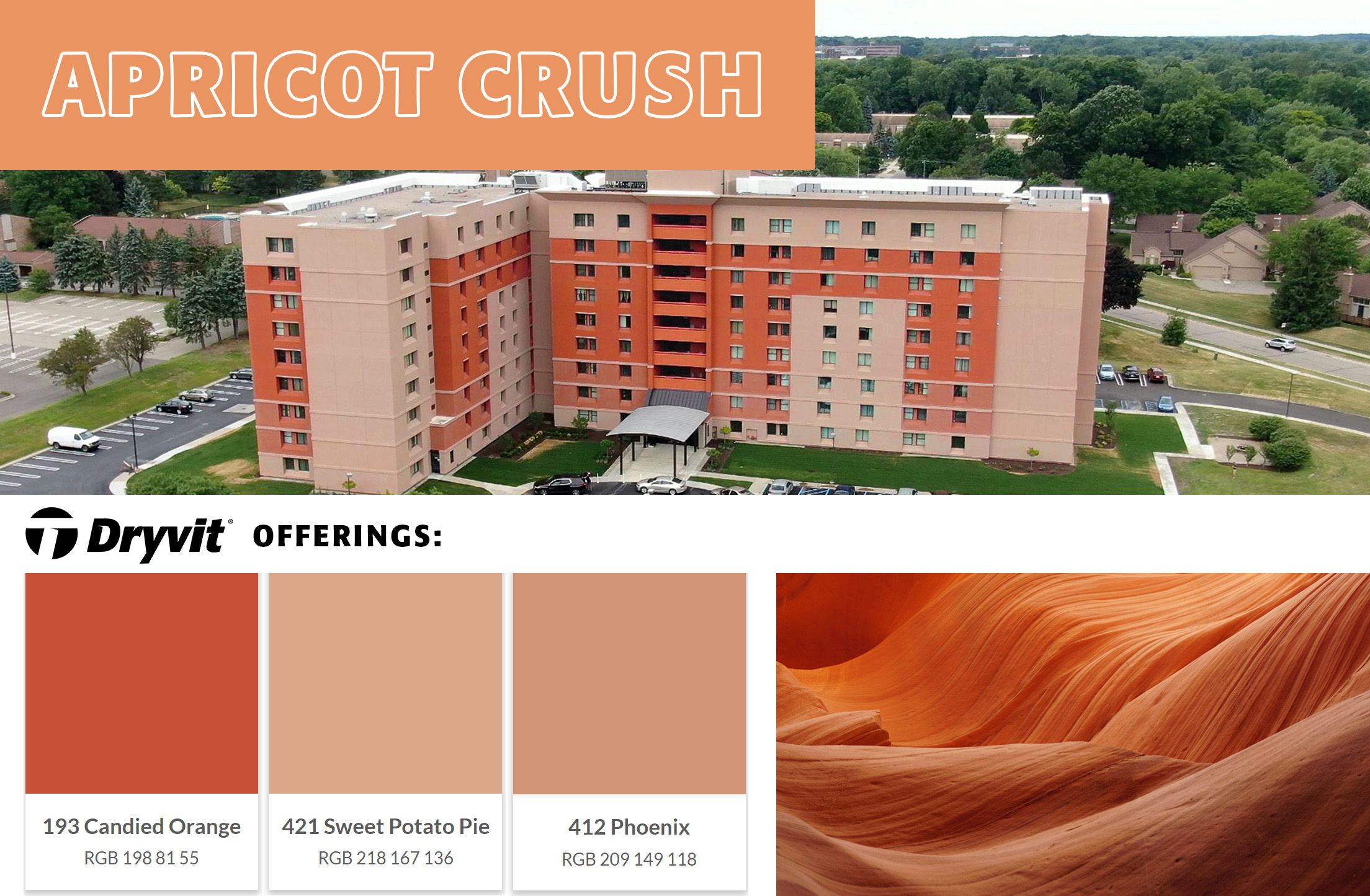 a collage of images showing a soft orange shade. Images include a canyon and a multistory residential building with Dryvit EIFS options in a soft orange